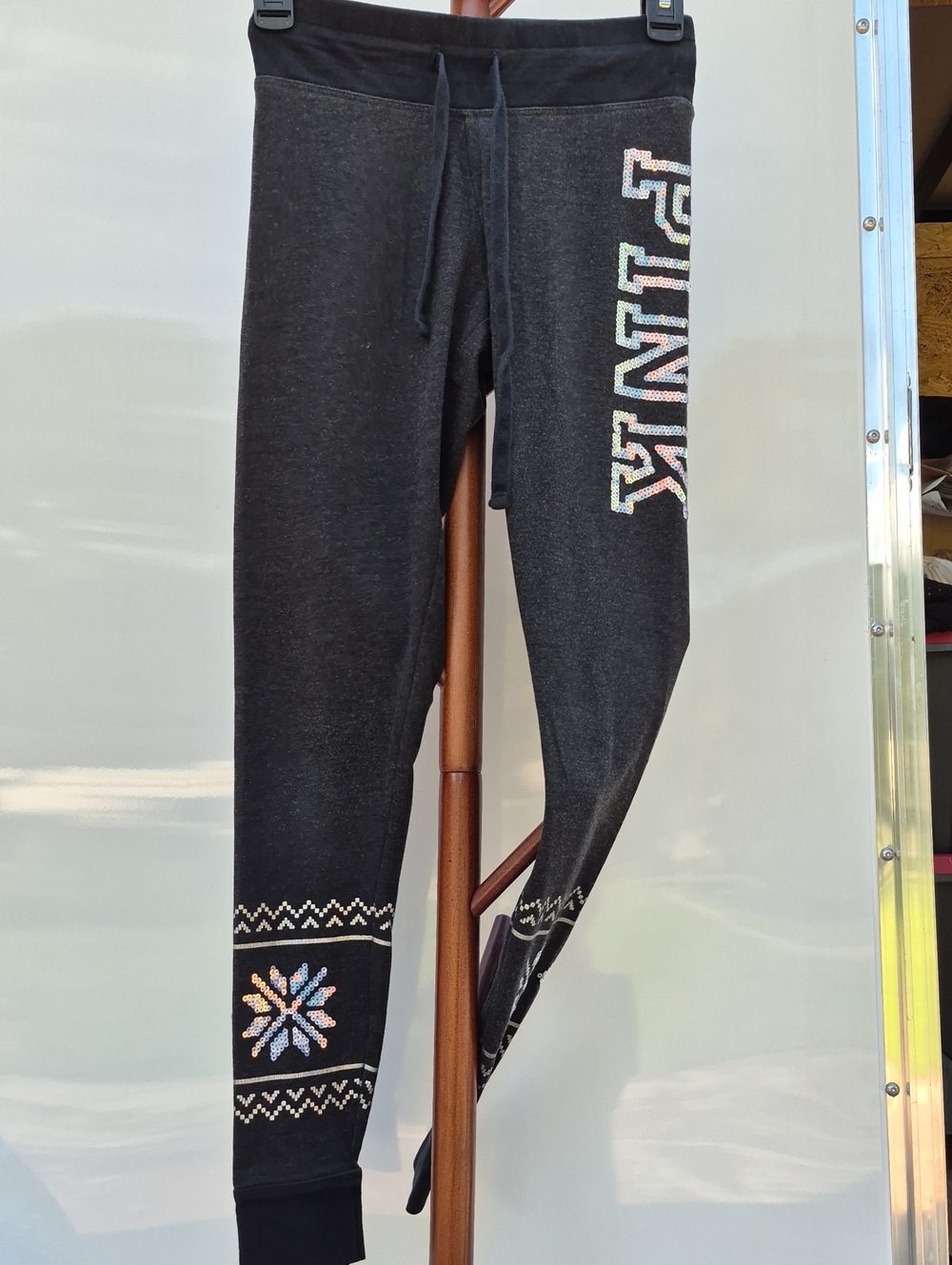 PINK Victoria's Secret Black Joggers with Iridescent Logo & Sequin Snowflakes